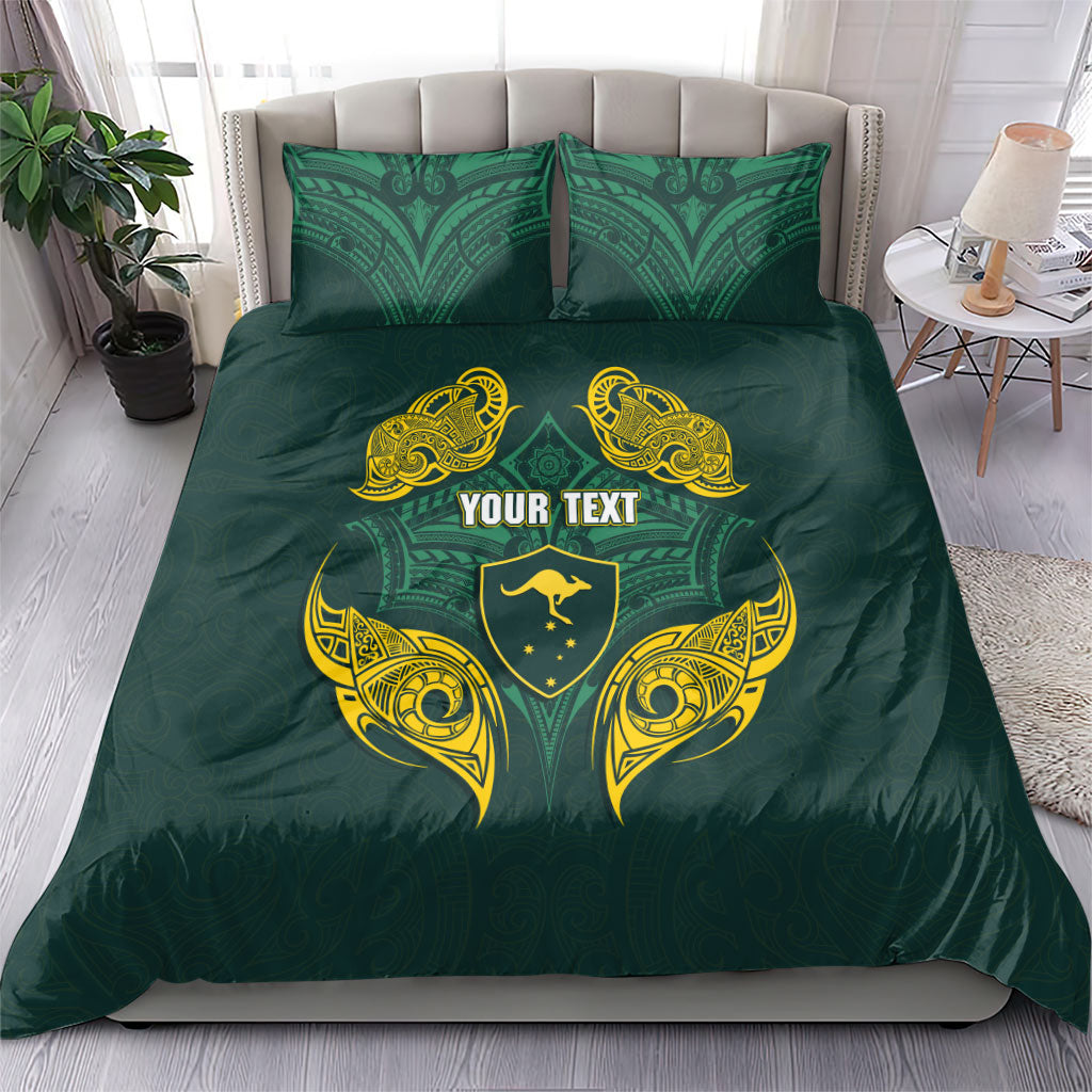 Custom Kangaroos Rugby Bedding Set Polynesian Tribal Pattern Green Gold National Team