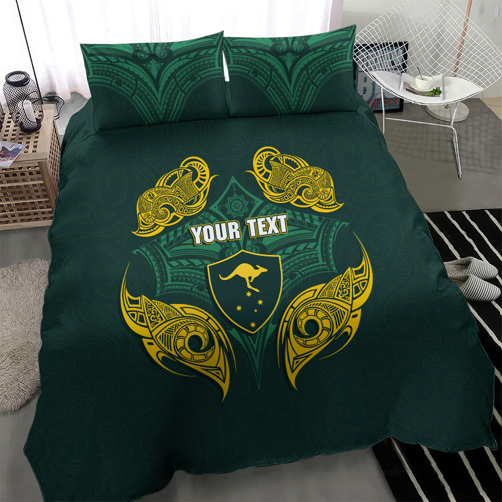 Custom Kangaroos Rugby Bedding Set Polynesian Tribal Pattern Green Gold National Team