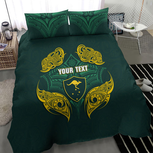 Custom Kangaroos Rugby Bedding Set Polynesian Tribal Pattern Green Gold National Team