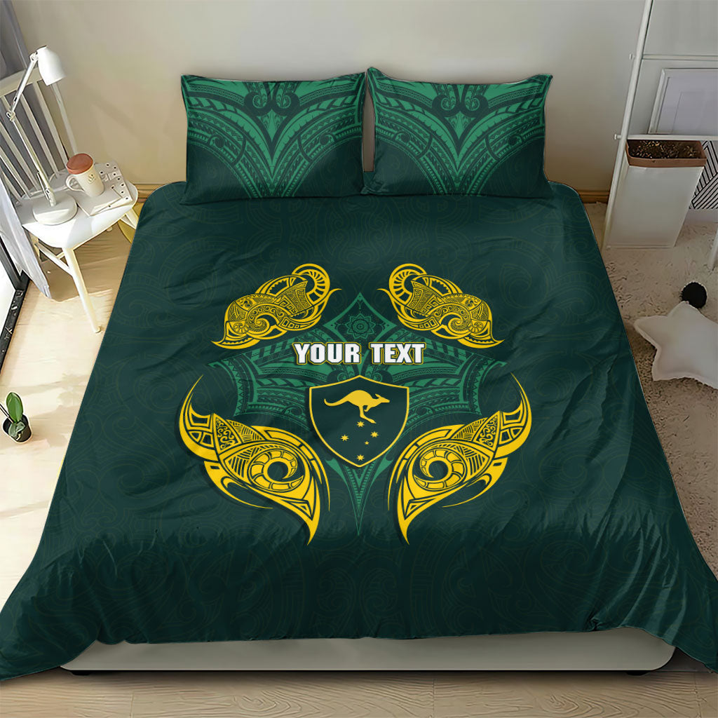 Custom Kangaroos Rugby Bedding Set Polynesian Tribal Pattern Green Gold National Team