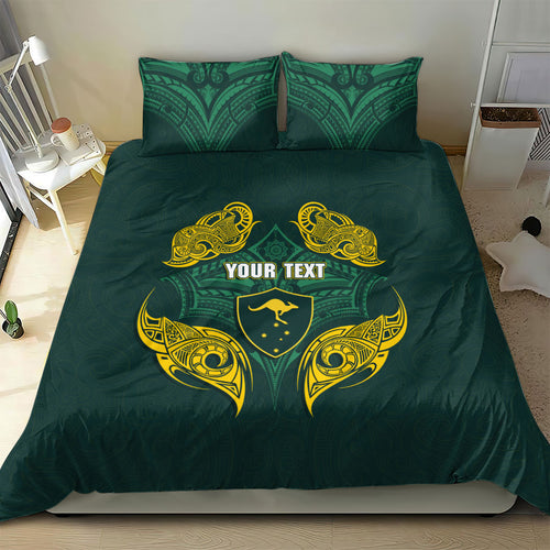 Custom Kangaroos Rugby Bedding Set Polynesian Tribal Pattern Green Gold National Team