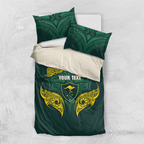 Custom Kangaroos Rugby Bedding Set Polynesian Tribal Pattern Green Gold National Team