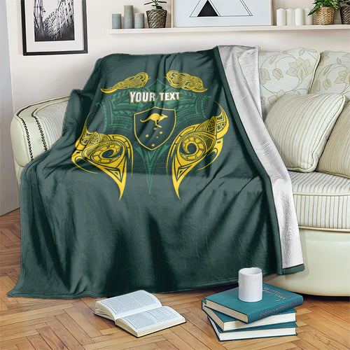 Custom Kangaroos Rugby Blanket Polynesian Tribal Pattern Green Gold National Team