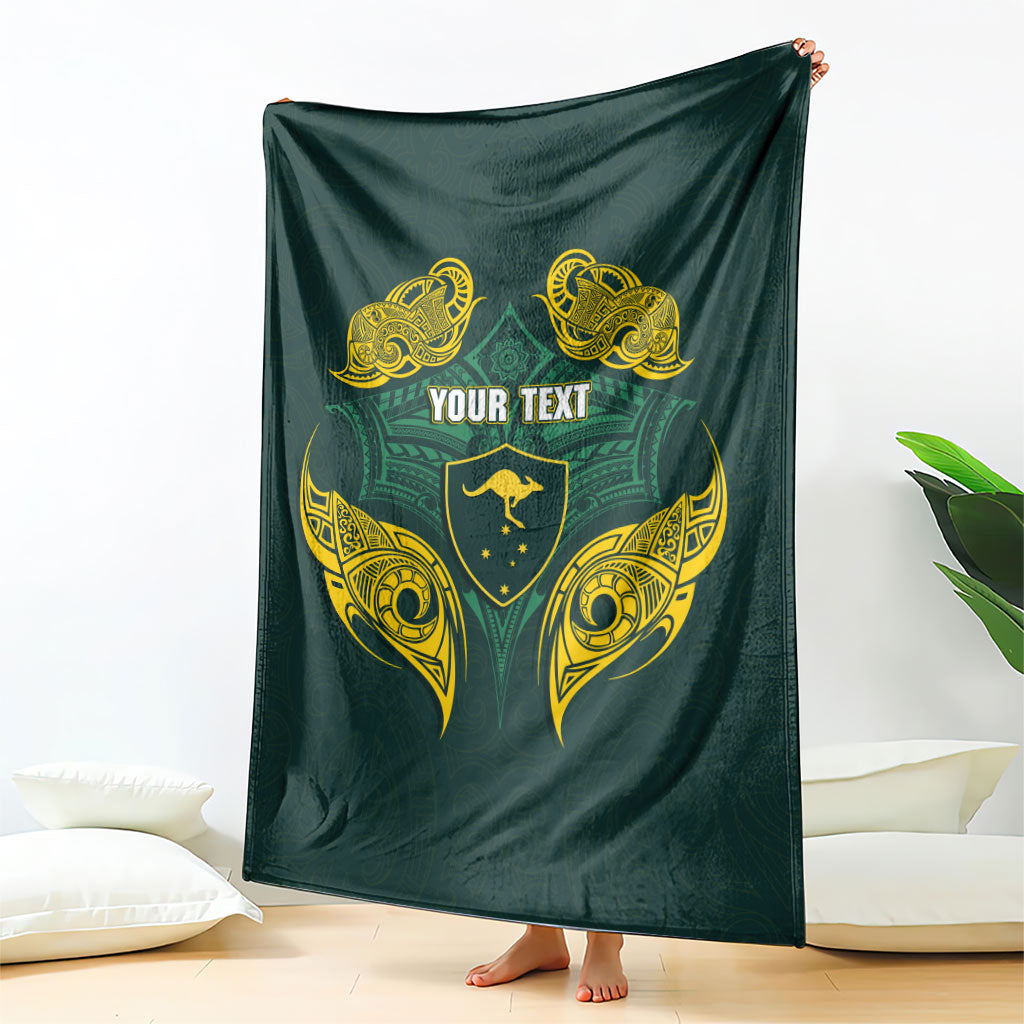 Custom Kangaroos Rugby Blanket Polynesian Tribal Pattern Green Gold National Team