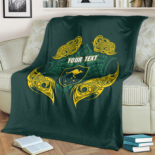 Custom Kangaroos Rugby Blanket Polynesian Tribal Pattern Green Gold National Team