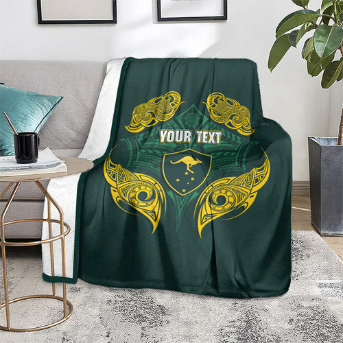 Custom Kangaroos Rugby Blanket Polynesian Tribal Pattern Green Gold National Team
