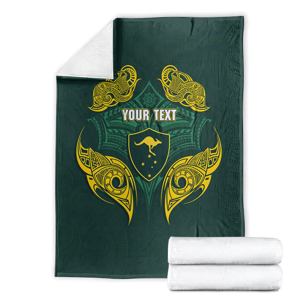 Custom Kangaroos Rugby Blanket Polynesian Tribal Pattern Green Gold National Team