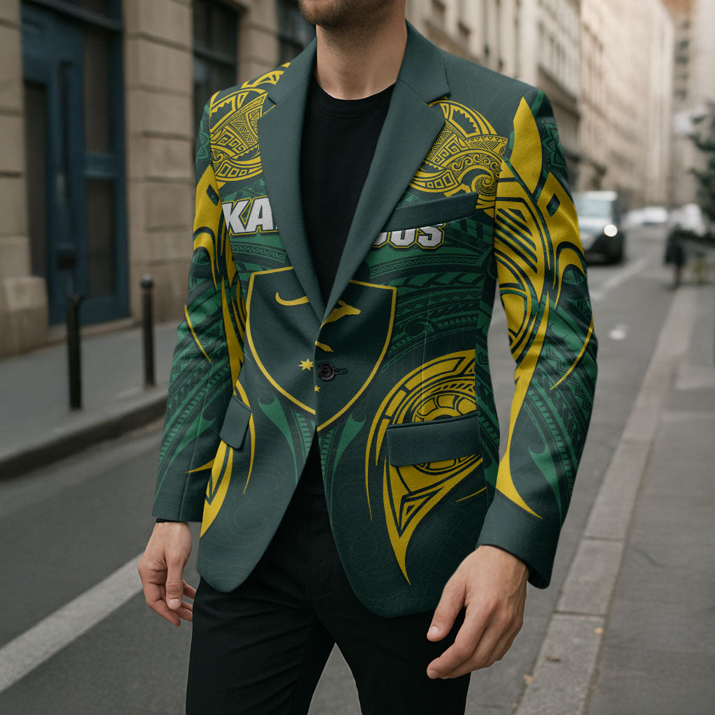 Custom Kangaroos Rugby Blazer Polynesian Tribal Pattern Green Gold National Team