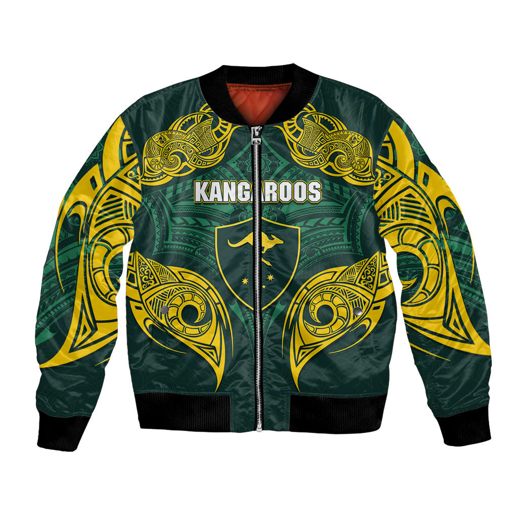 Custom Kangaroos Rugby Bomber Jacket Polynesian Tribal Pattern Green Gold National Team