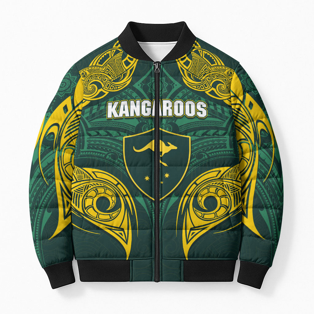 Custom Kangaroos Rugby Bomber Puffer Jacket Polynesian Tribal Pattern Green Gold National Team