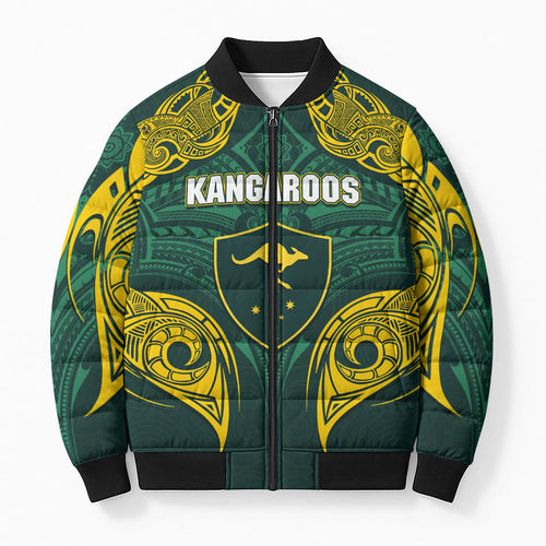 Custom Kangaroos Rugby Bomber Puffer Jacket Polynesian Tribal Pattern Green Gold National Team