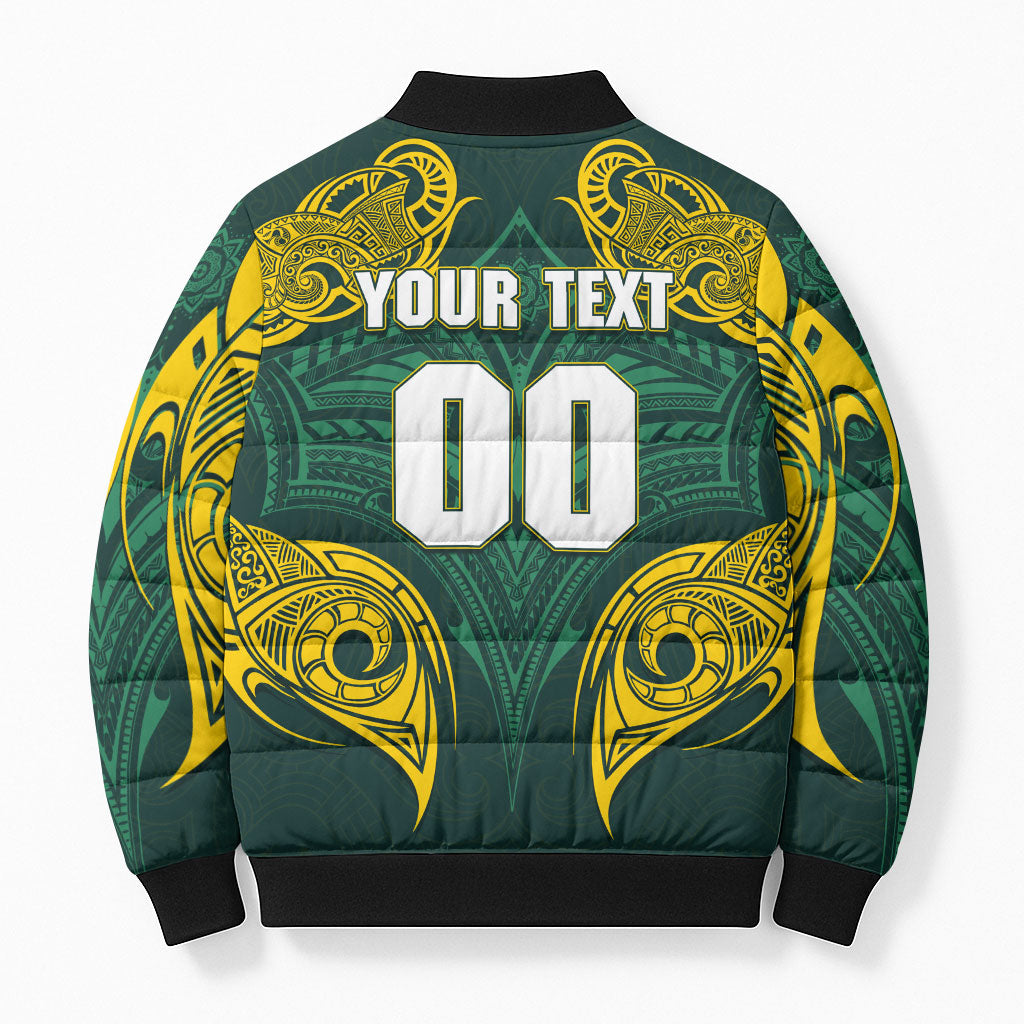 Custom Kangaroos Rugby Bomber Puffer Jacket Polynesian Tribal Pattern Green Gold National Team