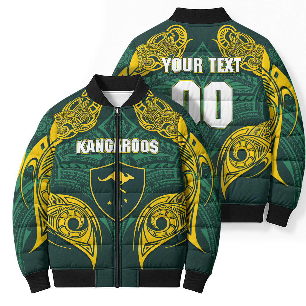 Custom Kangaroos Rugby Bomber Puffer Jacket Polynesian Tribal Pattern Green Gold National Team