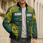 Custom Kangaroos Rugby Bomber Puffer Jacket Polynesian Tribal Pattern Green Gold National Team