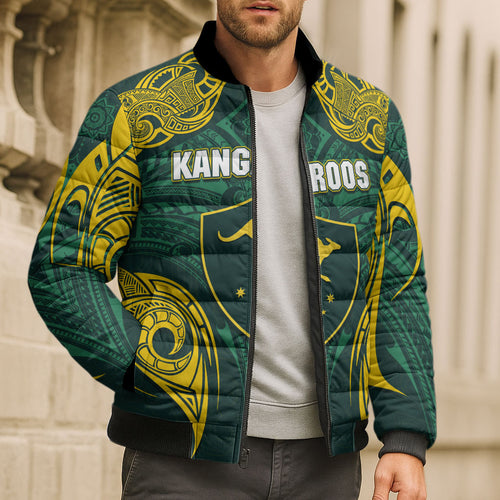 Custom Kangaroos Rugby Bomber Puffer Jacket Polynesian Tribal Pattern Green Gold National Team