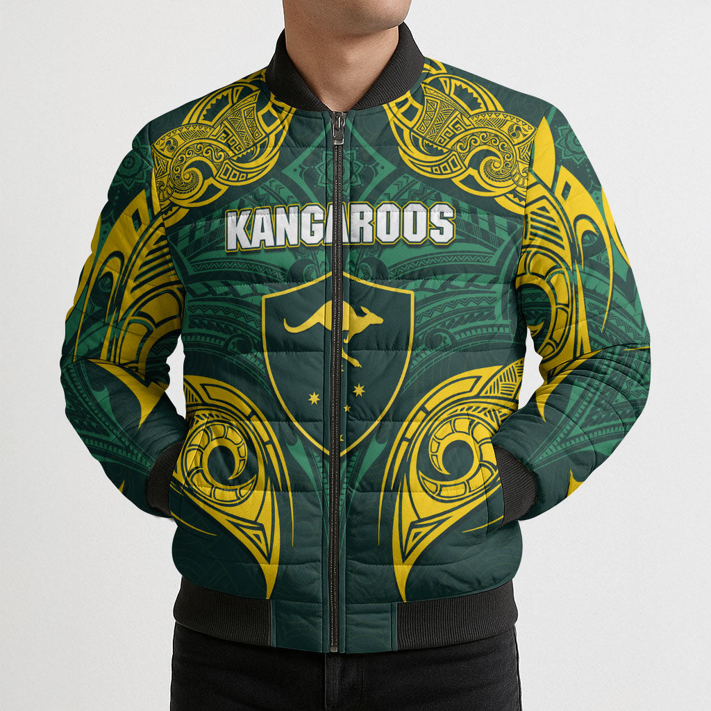 Custom Kangaroos Rugby Bomber Puffer Jacket Polynesian Tribal Pattern Green Gold National Team
