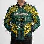Custom Kangaroos Rugby Bomber Puffer Jacket Polynesian Tribal Pattern Green Gold National Team