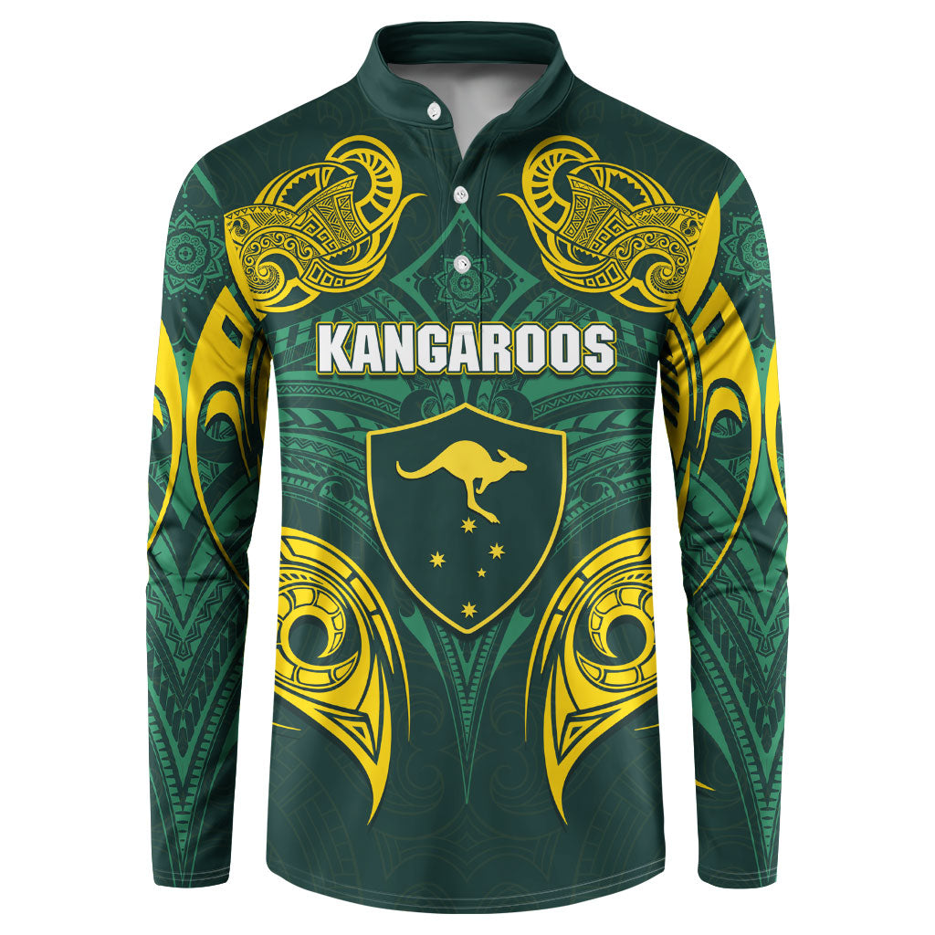 Custom Kangaroos Rugby Button Sweatshirt Polynesian Tribal Pattern Green Gold National Team