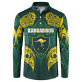 Custom Kangaroos Rugby Button Sweatshirt Polynesian Tribal Pattern Green Gold National Team