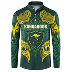 Custom Kangaroos Rugby Button Sweatshirt Polynesian Tribal Pattern Green Gold National Team