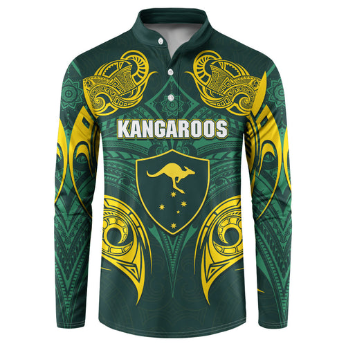 Custom Kangaroos Rugby Button Sweatshirt Polynesian Tribal Pattern Green Gold National Team