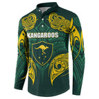 Custom Kangaroos Rugby Button Sweatshirt Polynesian Tribal Pattern Green Gold National Team