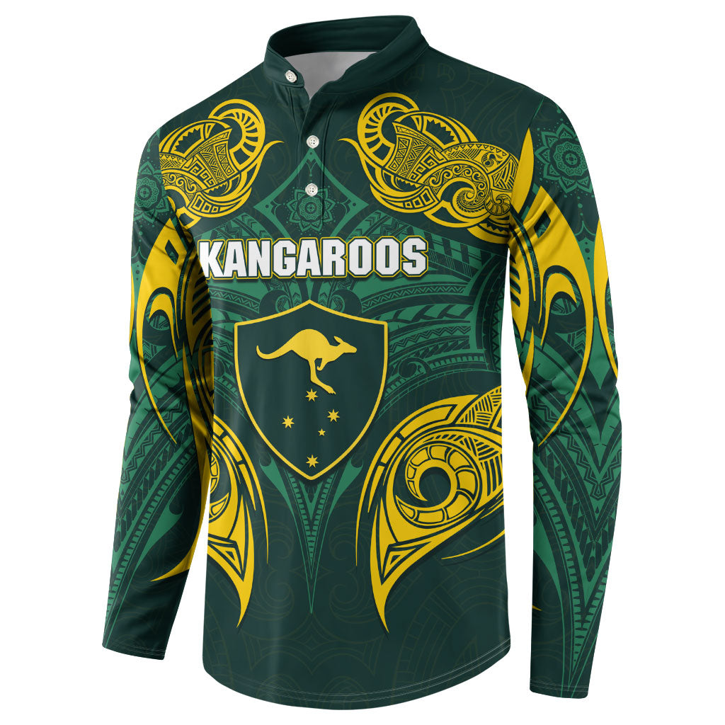 Custom Kangaroos Rugby Button Sweatshirt Polynesian Tribal Pattern Green Gold National Team