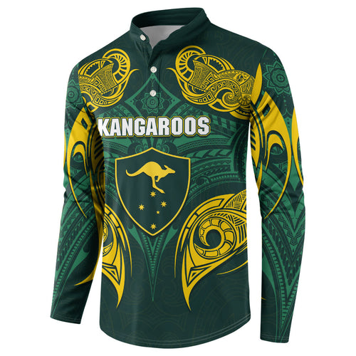 Custom Kangaroos Rugby Button Sweatshirt Polynesian Tribal Pattern Green Gold National Team