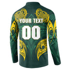 Custom Kangaroos Rugby Button Sweatshirt Polynesian Tribal Pattern Green Gold National Team
