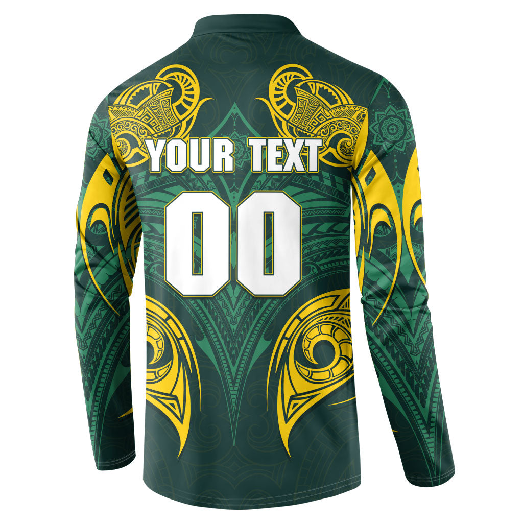 Custom Kangaroos Rugby Button Sweatshirt Polynesian Tribal Pattern Green Gold National Team