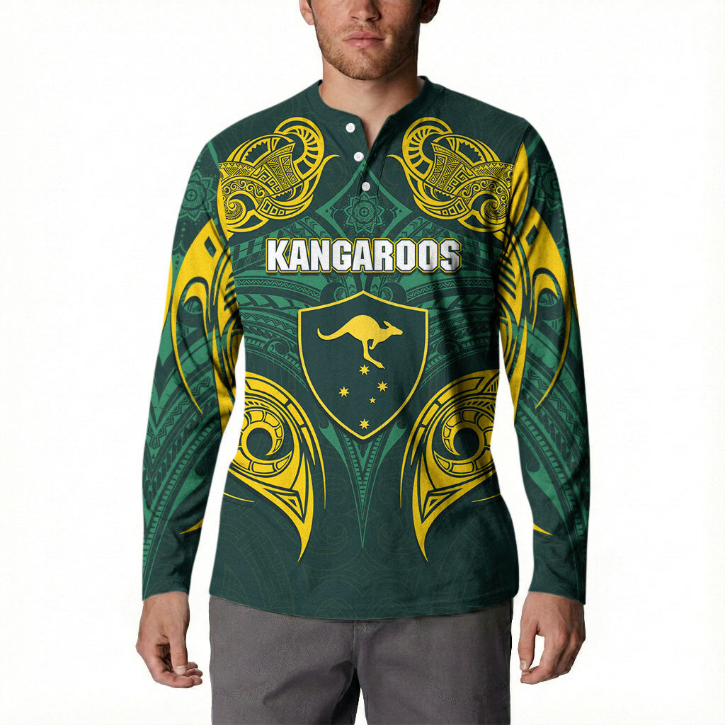 Custom Kangaroos Rugby Button Sweatshirt Polynesian Tribal Pattern Green Gold National Team