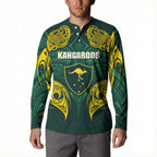 Custom Kangaroos Rugby Button Sweatshirt Polynesian Tribal Pattern Green Gold National Team
