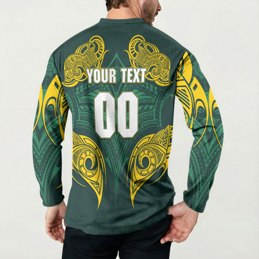 Custom Kangaroos Rugby Button Sweatshirt Polynesian Tribal Pattern Green Gold National Team