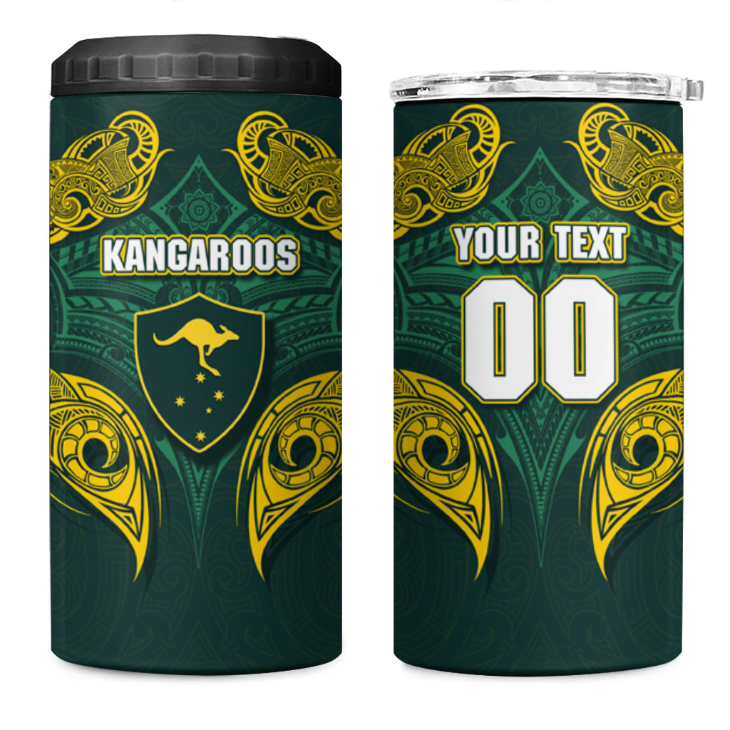 Custom Kangaroos Rugby 4 in 1 Can Cooler Tumbler Polynesian Tribal Pattern Green Gold National Team