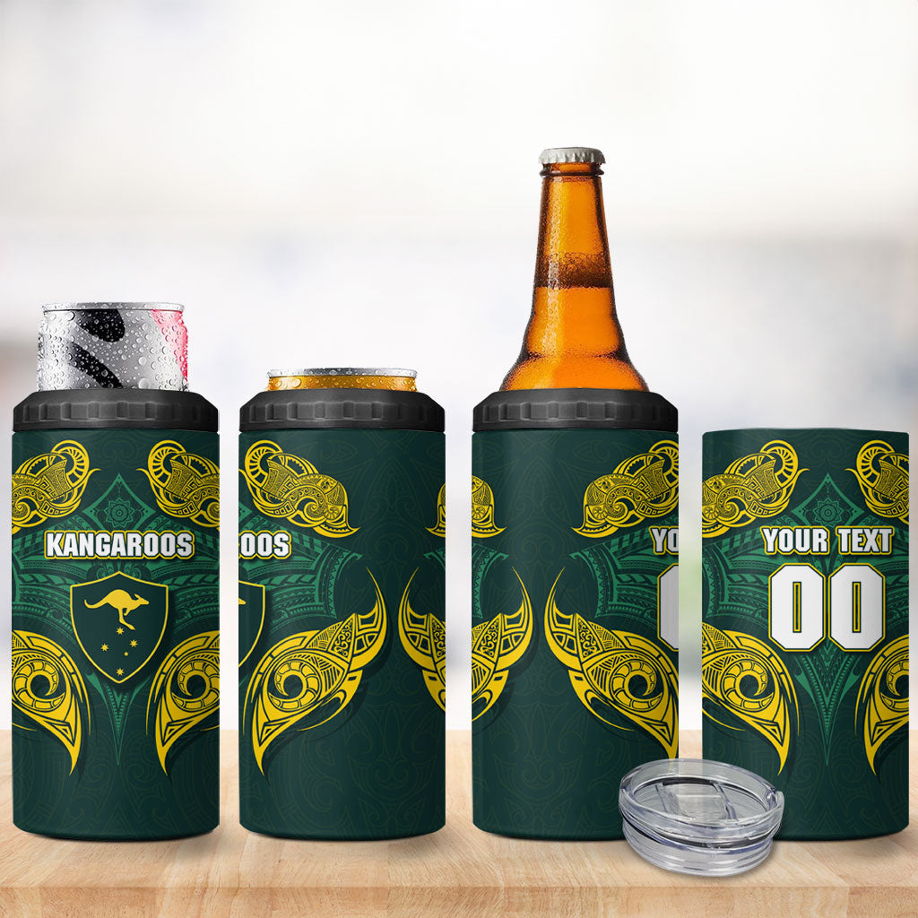 Custom Kangaroos Rugby 4 in 1 Can Cooler Tumbler Polynesian Tribal Pattern Green Gold National Team