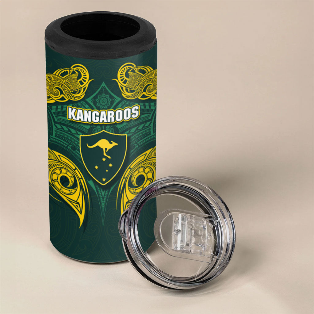 Custom Kangaroos Rugby 4 in 1 Can Cooler Tumbler Polynesian Tribal Pattern Green Gold National Team