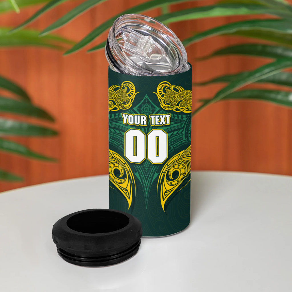 Custom Kangaroos Rugby 4 in 1 Can Cooler Tumbler Polynesian Tribal Pattern Green Gold National Team