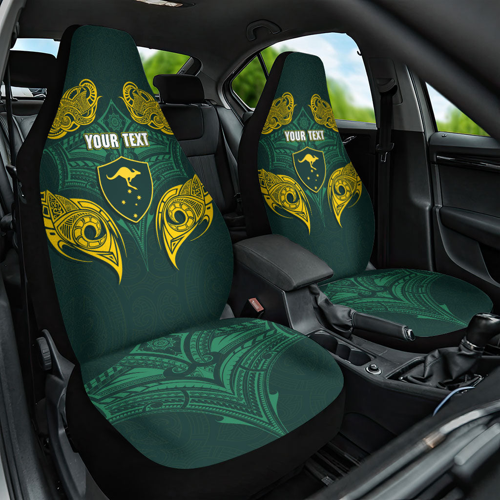 Custom Kangaroos Rugby Car Seat Cover Polynesian Tribal Pattern Green Gold National Team