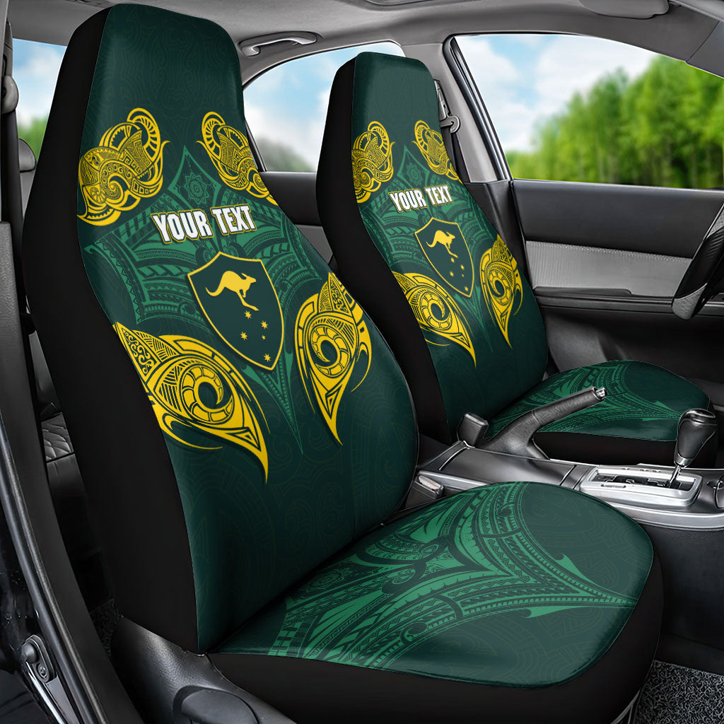 Custom Kangaroos Rugby Car Seat Cover Polynesian Tribal Pattern Green Gold National Team