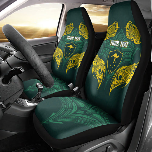 Custom Kangaroos Rugby Car Seat Cover Polynesian Tribal Pattern Green Gold National Team