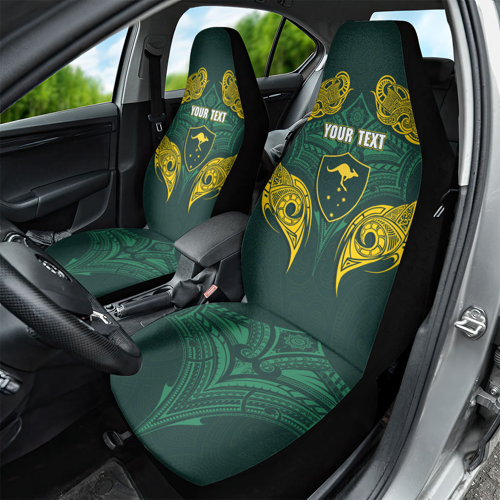 Custom Kangaroos Rugby Car Seat Cover Polynesian Tribal Pattern Green Gold National Team
