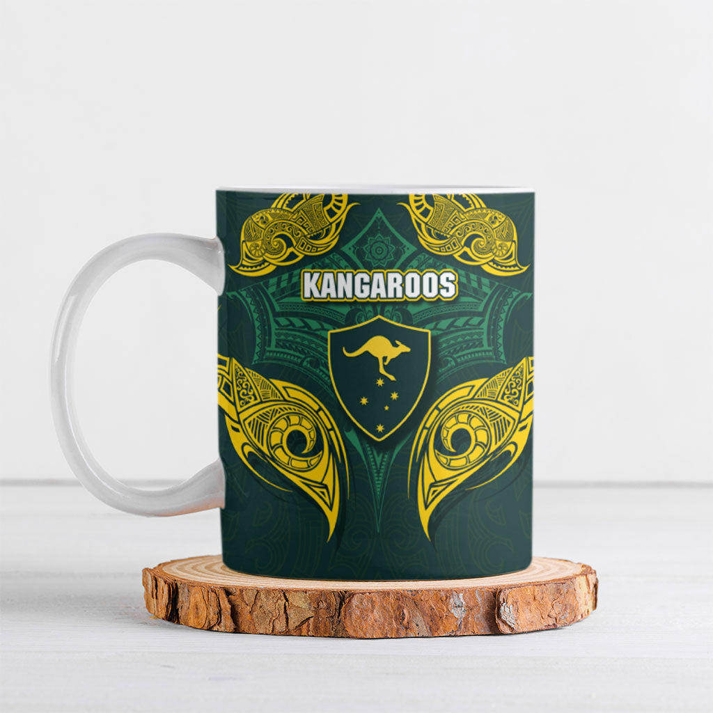 Custom Kangaroos Rugby Ceramic Mug Polynesian Tribal Pattern Green Gold National Team