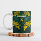 Custom Kangaroos Rugby Ceramic Mug Polynesian Tribal Pattern Green Gold National Team