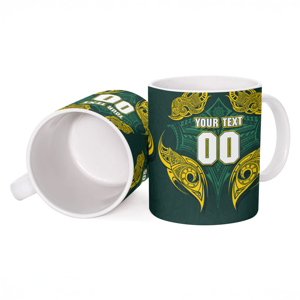 Custom Kangaroos Rugby Ceramic Mug Polynesian Tribal Pattern Green Gold National Team