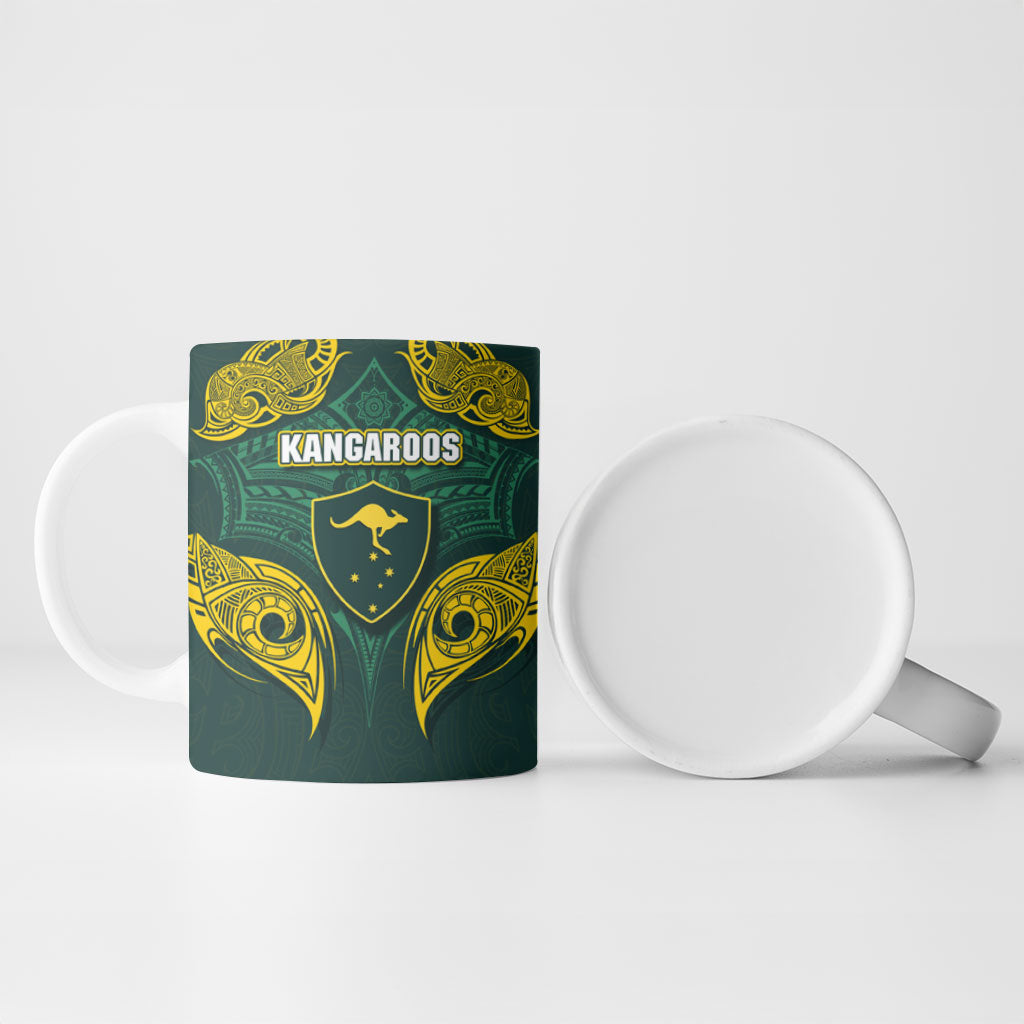 Custom Kangaroos Rugby Ceramic Mug Polynesian Tribal Pattern Green Gold National Team