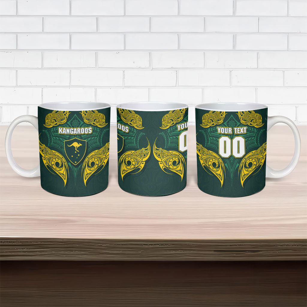 Custom Kangaroos Rugby Ceramic Mug Polynesian Tribal Pattern Green Gold National Team