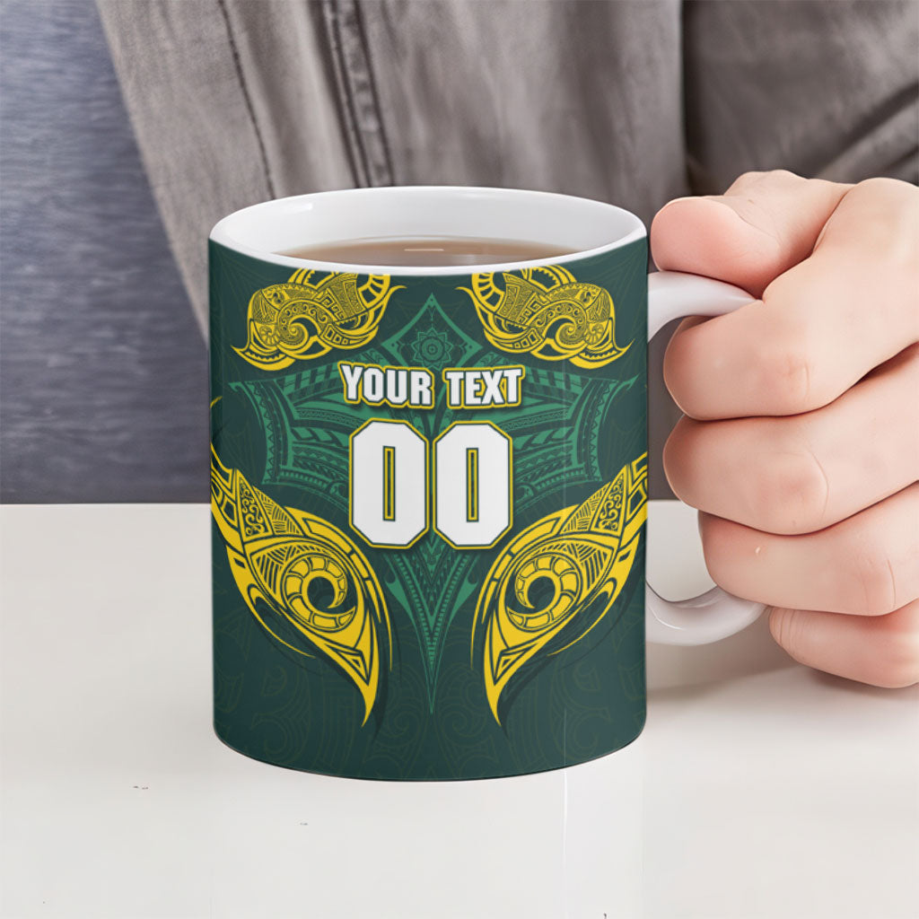 Custom Kangaroos Rugby Ceramic Mug Polynesian Tribal Pattern Green Gold National Team
