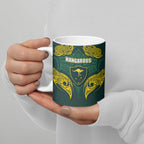 Custom Kangaroos Rugby Ceramic Mug Polynesian Tribal Pattern Green Gold National Team