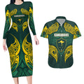 Custom Kangaroos Rugby Couples Matching Long Sleeve Bodycon Dress and Hawaiian Shirt Polynesian Tribal Pattern Green Gold National Team