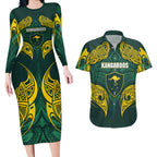 Custom Kangaroos Rugby Couples Matching Long Sleeve Bodycon Dress and Hawaiian Shirt Polynesian Tribal Pattern Green Gold National Team